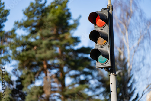 Fotografie Traffic signal showing red against soft forest backdrop, city street regulation,