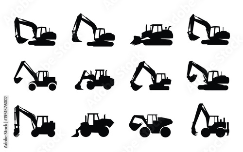 Collection of heavy machinery excavator and construction vehicle silhouettes for industrial and engineering concepts