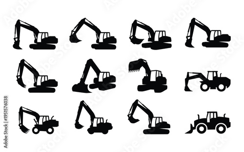 Collection of heavy construction equipment icons including excavators and tractors in black silhouette on white background for industrial and engineering concepts