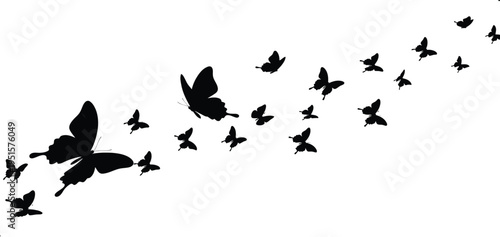 a minimalist depiction of a butterfly leading a flock of birds in flight across a white background creating a sense of freedom