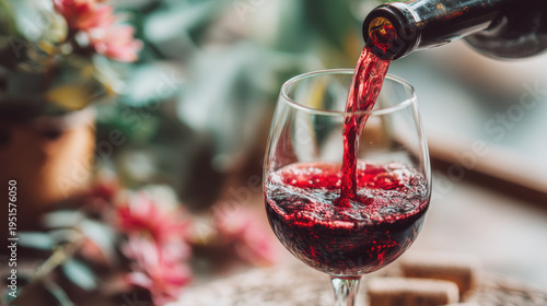 Wallpaper Mural Red wine pouring into glass with blurred floral background creating warm and inviting atmosphere Torontodigital.ca