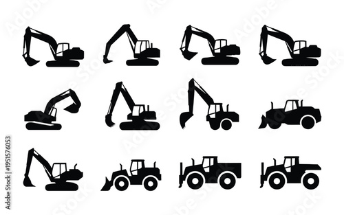 Collection of heavy machinery icons including excavators and tractors in black silhouette on white background for construction and industrial concepts