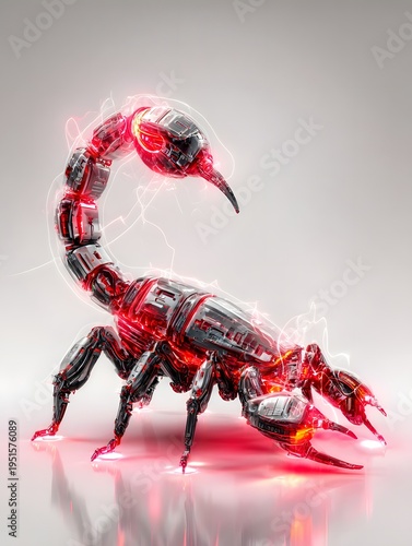 Futuristic robotic scorpion 3D render with glowing red neon lights.