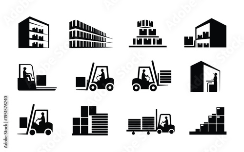 Warehouse icons set including forklifts buildings and pallets for logistics and transportation concepts