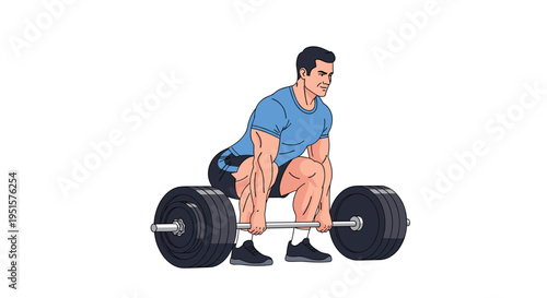 A muscular man in a blue t-shirt and black shorts performs a deadlift with a heavy barbell.