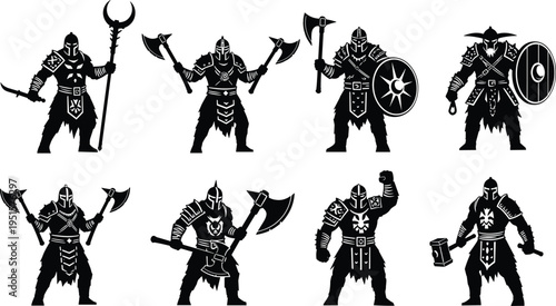 Collection of medieval warrior silhouettes with axes swords and shields fantasy knight vector illustration set isolated on light background for game design assets
