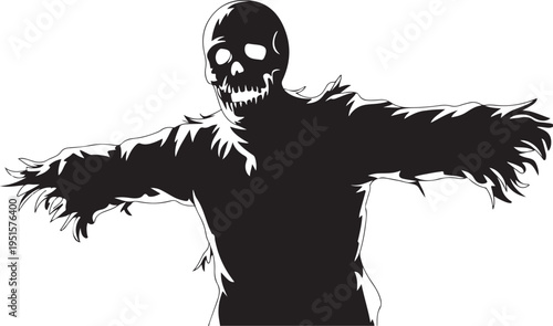 Black scarecrow with skull head and outstretched arms