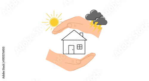 Two cupped hands protect a simple house outline with a shining sun on one side and storm clouds on the other.
