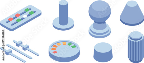 Isometric, control, elements, UI, sliders, knobs, switches, dashboard, interface, 3D, vector, design, minimal, technology, settings, controls, illustration, modern, toolkit, components