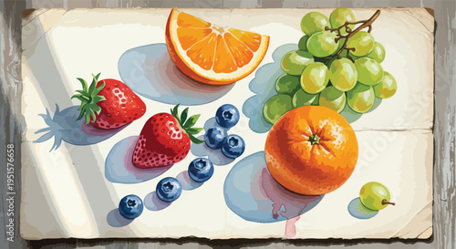 Still life of assorted fresh fruits including oranges, strawberries, blueberries, and grapes on a worn wooden cutting board with natural light.