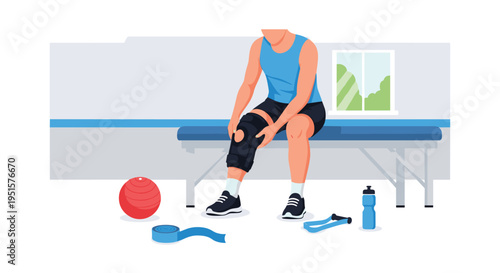 A person wearing a blue tank top and black shorts sits on an examination bench, adjusting a black knee brace on their right leg.