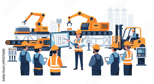 A female engineer leads a training session for six male workers in a factory setting surrounded by industrial machinery.