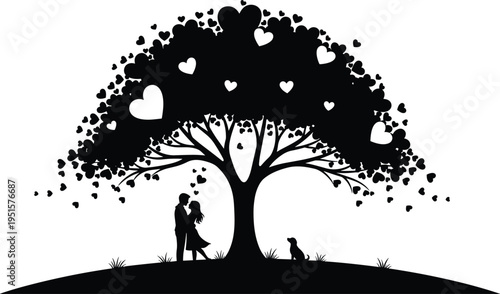 Romantic couple silhouette standing under a love tree with heart leaves, featuring a dog, grass, and a beautiful nature landscape for valentines