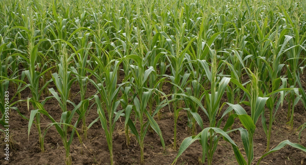 Obraz premium Cultivated corn plants flourishing on large-scale agricultural terrain