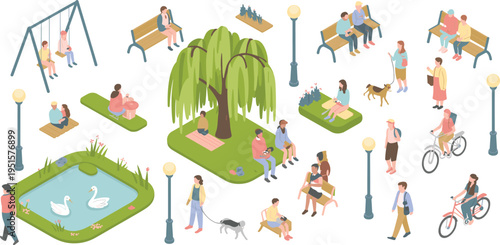 Isometric, park, illustration, people, relaxing, outdoor, nature, playground, benches, trees, lake, dogs, walking, family, leisure, lifestyle, city, community, activity, scene