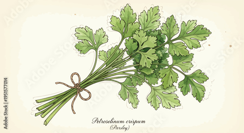 Illustration of a bunch of fresh parsley tied with a brown string on a beige background with botanical text.