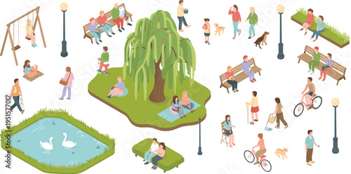 Isometric, park, scene, people, relaxing, outdoor, nature, playground, bench, trees, lake, dogs, walking, family, leisure, city, lifestyle, illustration, community, activity