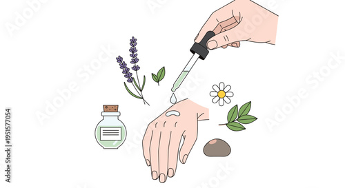 A hand applies a drop of natural skincare serum onto the back of another hand, surrounded by lavender, chamomile, and green leaves.