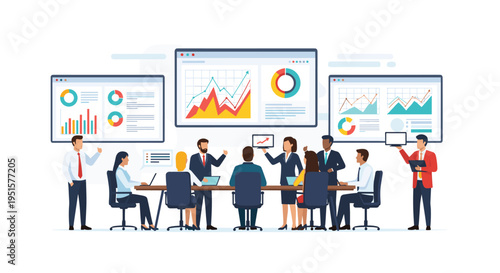 A diverse group of ten business professionals conducts a meeting around a conference table with three large data screens in the background.