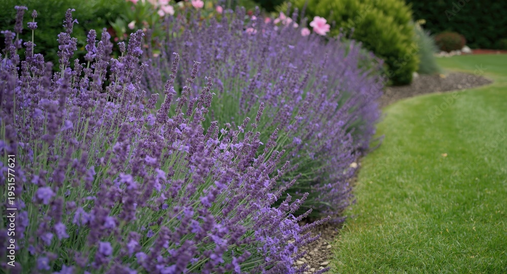 Obraz premium Lavender and calamint flower bed blooming vibrantly beside a late summer garden walkway
