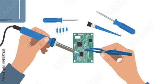 Two hands are soldering components onto a green circuit board with tools on a white table.