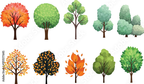 a collection of cartoon style trees in varying shades of green orange and red arranged in two rows appears vividly illustrated