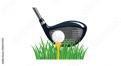 A black golf club driver is positioned behind a white golf ball on a yellow tee in green grass.