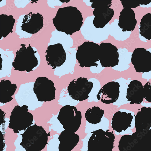 A bold seamless vector pattern of abstract organic spots in black, soft pink and sky blue 