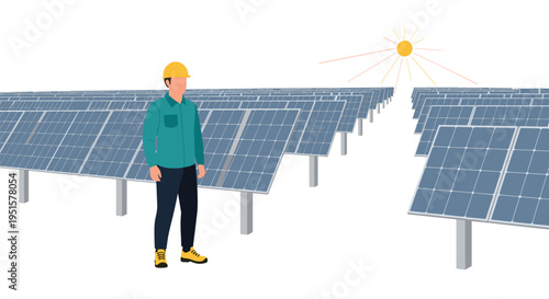 A male worker stands before an extensive array of solar panels, with a bright sun radiating light in the background.