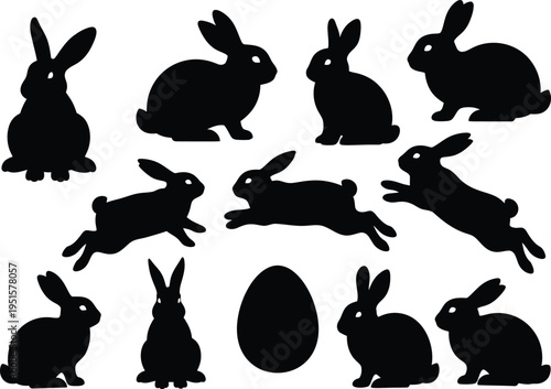 A collection of black rabbit silhouettes in various poses alongside an egg shape suggests springtime and easter themes high quality professional