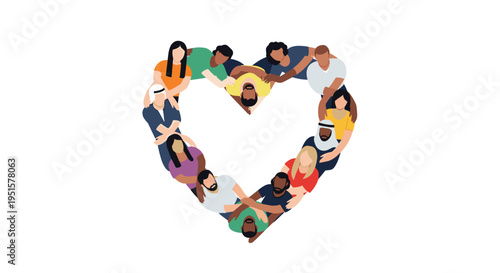 A diverse group of eighteen people from various ethnicities and genders form a heart shape by interlocking arms on a white background.