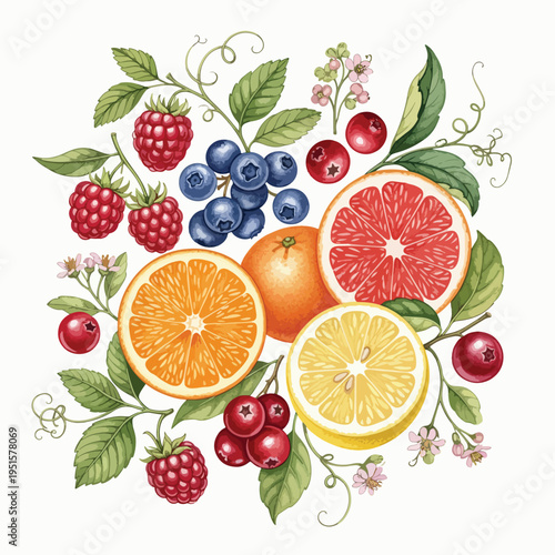 Flat lay of assorted fresh fruits and green leaves on a white background, including oranges, grapefruits, lemons, blueberries, raspberries, and cherries.