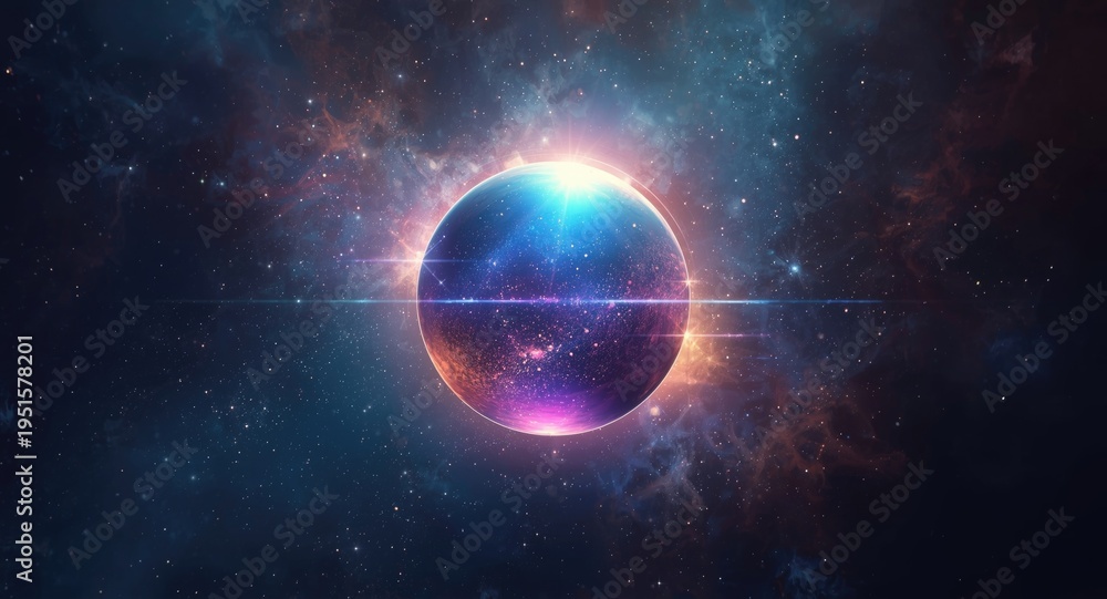 Fototapeta premium Luminous reflective orb with shifting colors over a cosmic setting including copy space