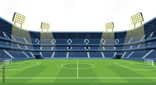 An empty football stadium with blue seating tiers and a green pitch is brightly illuminated by overhead stadium lights.