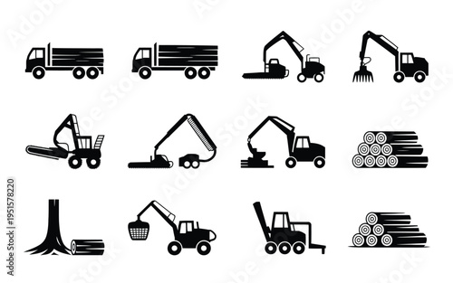 Heavy machinery and logging equipment icons including trucks excavators and forestry machines for construction and wood harvesting