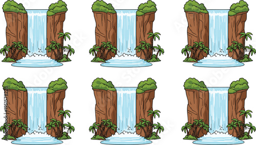 Collection of tropical waterfall landscapes with cliffs palm trees and flowing water nature vector illustration set isolated on light background for travel design