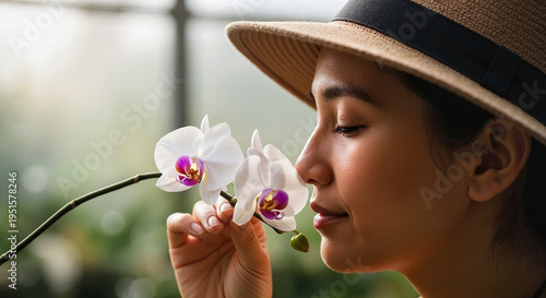 Young woman smelling white orchid flower indoors with soft light  
