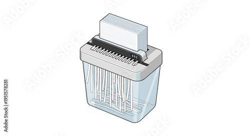 A grey paper shredder with a transparent bin is actively shredding a stack of white documents into thin strips.