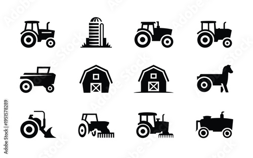 Farm tractor and agriculture icons set including barn silo and horse silhouette black vector graphics on white background for farming and rural concepts