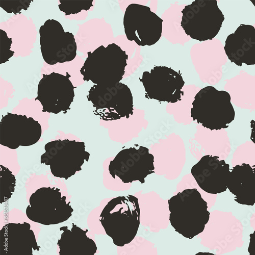 A bold seamless vector pattern of abstract organic spots in dark brown and soft pink on a pale mint background 
