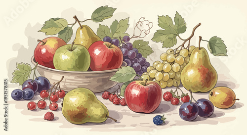 Still life of assorted fresh fruits, including apples, pears, grapes, and berries, arranged on a table with a bowl and leaves, in a warm and inviting color palette.