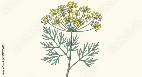Flat illustration of a dill flower with green leaves on a pale yellow background.