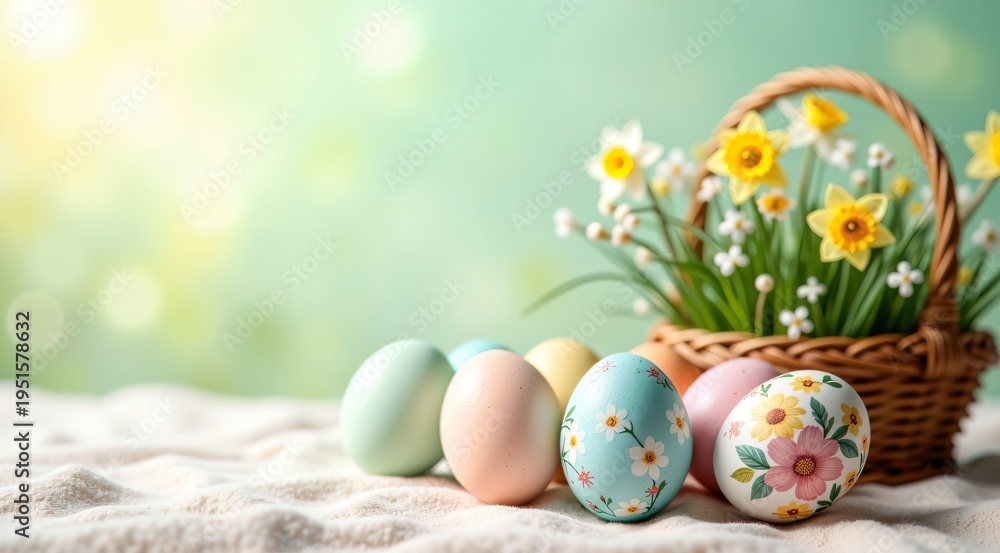 Fototapeta premium spring easter decoration with painted eggs and flowers arrangement