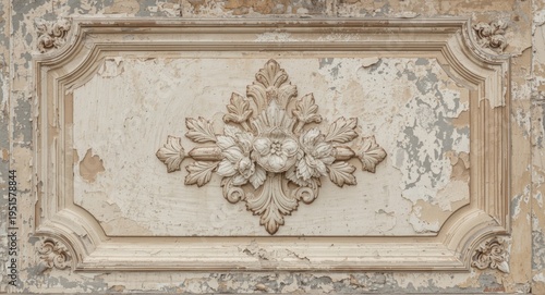 Aged wall texture featuring peeling paint and detailed floral relief in soft muted hues highlighting vintage architecture