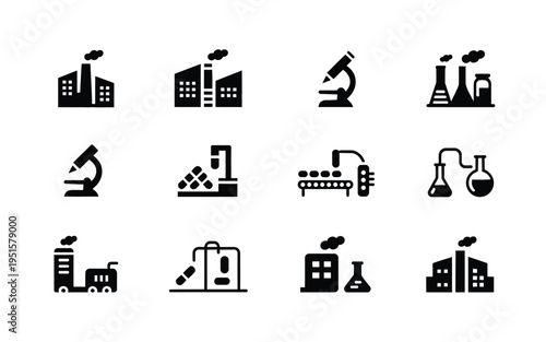 Industrial and laboratory icons set black on white background factory microscope beakers industrial equipment symbols