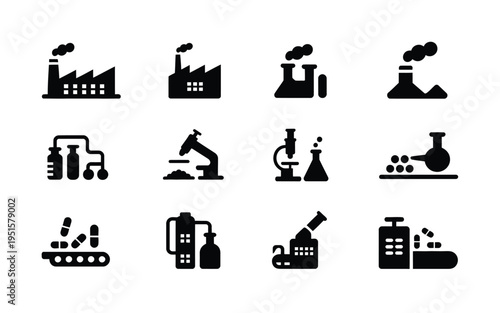 Industrial and laboratory icons for science and manufacturing concepts