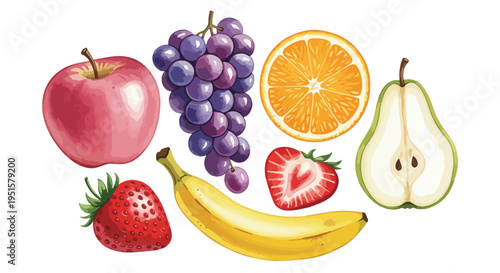 A vibrant still life composition of assorted fresh fruits on a clean white background with a colorful and healthy mood.