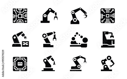 Industrial robotic arm icons with circuit board symbols on white background for manufacturing and technology concepts