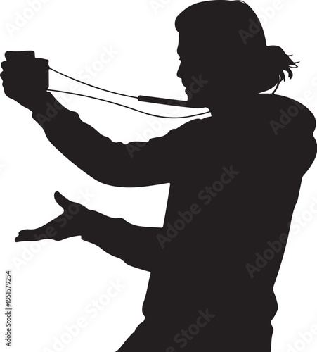 Black silhouette of a person playing with a slingshot