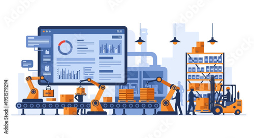 Smart Factory Automation and Logistics: Industry 4.0 with Robotic Arms, Data Analytics Dashboard, Automated Production Line, and Warehouse Operations